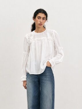Maje romantic ruffle dainty White Long-Sleeve Textured Peasant Blouse luxury co